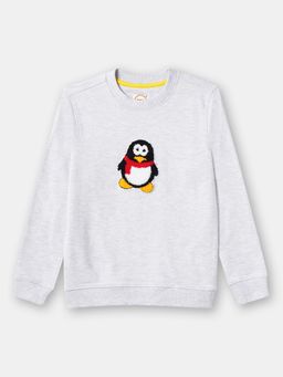 ZION - Boys Sweatshirt with Cute Penguin in Terry Embroidery-White Melange