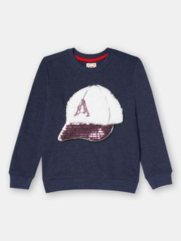 ZION - Boys Sweatshirt with Fur Cap Sequin Embroidery-Navy Melange