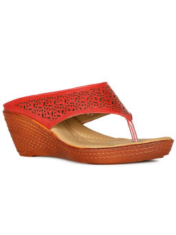 Bata - Women Slip-On Self- Design Wedges- Red