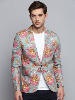 SHOWOFFFF - Mens Printed Notched Lapel Sea Green Single-Breasted Blazer