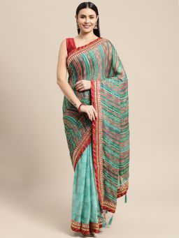 Vastranand - Designer Printed Bandhani Saree Green with Unstitched Blouse