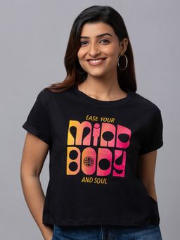 Globus - Women Black Printed Round Neck Casual Boxy Fit Crop Top