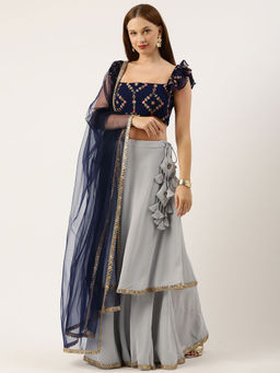 Ethnovog - Silver & Navy Blue Georgette Embroidered Blouse Lehenga with Dupatta (Set of 3)