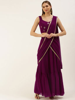 Ethnovog - Magenta Georgette Embroidered Blouse Lehenga (Set of 2)