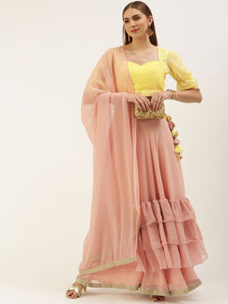 Ethnovog - Yellow & Pink Embroidered Layered Blouse Lehenga with Dupatta (Set of 3)