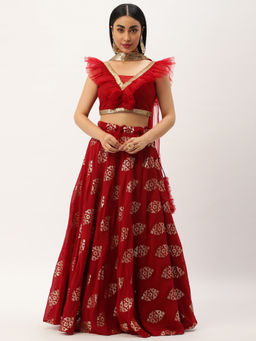 Ethnovog - Maroon Georgette Embroidered Blouse Lehenga with Dupatta (Set of 3)