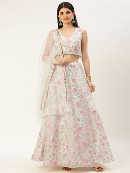 Ethnovog - White Embroidered Organza Blouse Lehenga with Dupatta (Set of 3)