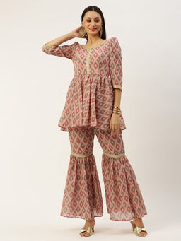 Ethnovog - Multi Color Digital Printed Georgette Kurta Sharara (Set of 2)