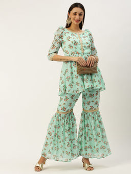 Ethnovog - Mint Green Digital Printed Embroidered Kurta Sharara (Set of 2)