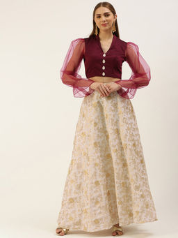 Ethnovog - White & Wine Art Silk Top & Skirt (Set of 2)