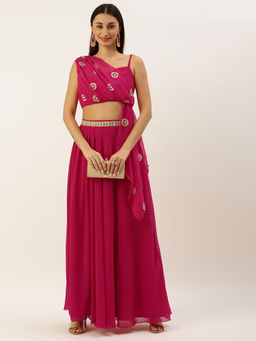 Ethnovog - Hot Pink Georgette Embellished Top & Skirt (Set of 2)