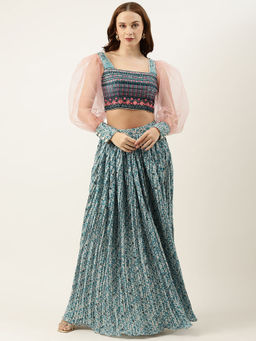 Ethnovog - Cream & Blue Printed Chinon Top & Skirt (Set of 2)