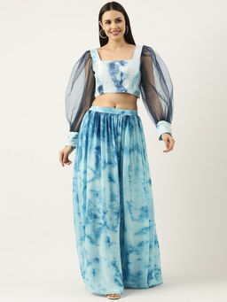 Ethnovog - Blue Tie & Dye Chinon Top & Skirt (Set of 2)