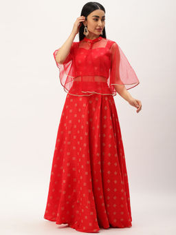Ethnovog - Red Crop Top & Skirt with Cape (Set of 3)