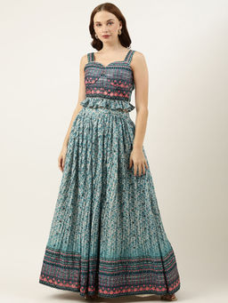 Ethnovog - Cream & Blue Printed & Embroidered Top & Skirt (Set of 2)