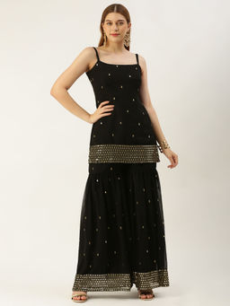 Ethnovog - Black Embroidered Georgette Kurta Gharara (Set of 2)