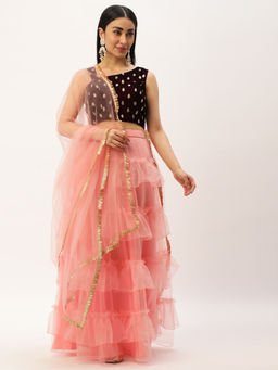 Ethnovog - Dark Magenta Embroidered Crop Top & Pink Top & Skirt (Set of 2)