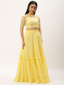Ethnovog - Yellow Embroidered Crop Top & Skirt (Set of 2)