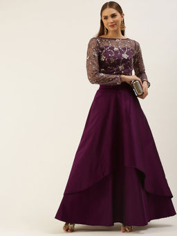 Ethnovog - Purple Net Embroidered Crop Top & Skirt (Set of 2)
