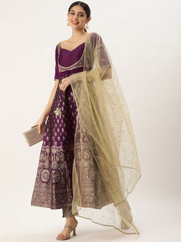 Ethnovog - Purple Art Silk Embellished Anarkali Pant with Dupatta (Set of 3)