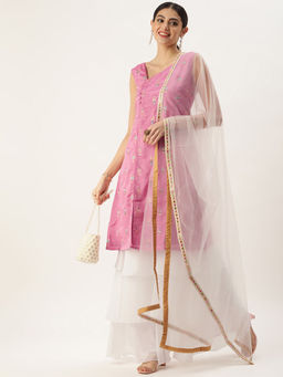 Ethnovog - Pink Chinon Embroidered N White Kurta Sharara with Dupatta (Set of 3)