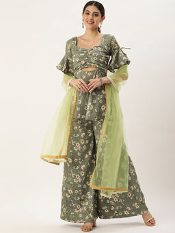 Ethnovog - Green Georgette Printed Kurta Palazzo with Dupatta (Set of 3)