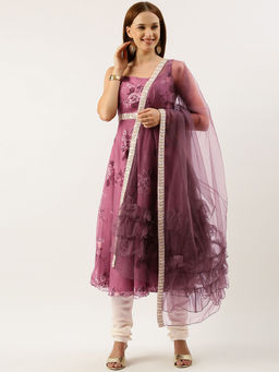 Ethnovog - Purple Digital Printed Organza Kurta Churidar with Dupatta (Set of 3)