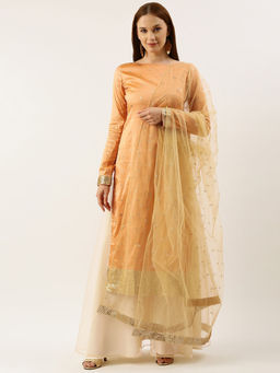 Ethnovog - Peach & Cream Net Kurta Sharara with Dupatta (Set of 3) Set
