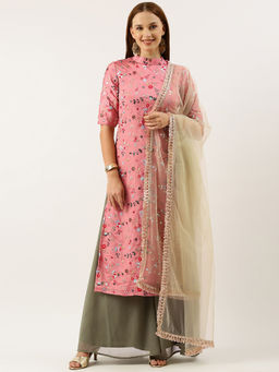 Ethnovog - Rouge Pink Embroidered Kurta Palazzo with Dupatta (Set of 3)