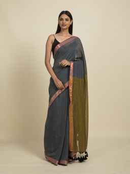 Suta - Grey and Olive Cotton Sequin Embellished Saree