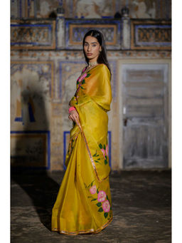 HOUSE OF BAISA - Women Yellow Floral Saree with Unstitched Blouse