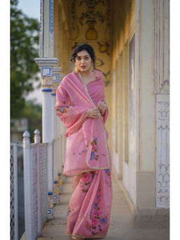 HOUSE OF BAISA - Women Pink Floral Saree with Unstitched Blouse