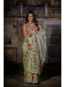 HOUSE OF BAISA - Women Green Floral Saree with Unstitched Blouse