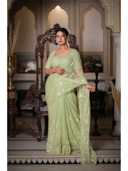 HOUSE OF BAISA - Women Green Embellished Saree with Unstitched Blouse