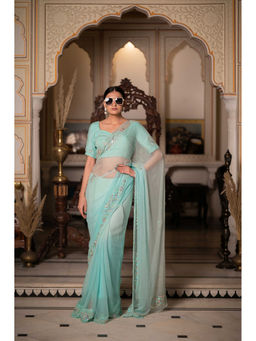 HOUSE OF BAISA - Women Blue Embellished Saree with Unstitched Blouse