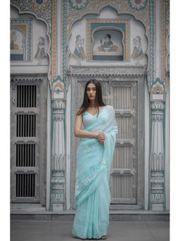 HOUSE OF BAISA - Women Aqua Embellished Saree with Unstitched Blouse