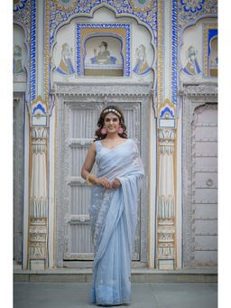 HOUSE OF BAISA - Women Blue Embellished Saree with Unstitched Blouse