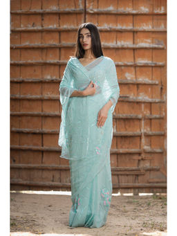 HOUSE OF BAISA - Women Blue Embellished Saree with Unstitched Blouse