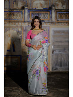 HOUSE OF BAISA - Women Blue Floral Saree with Unstitched Blouse