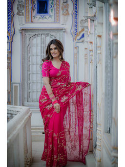 HOUSE OF BAISA - Women Magenta Embellished Saree with Unstitched Blouse
