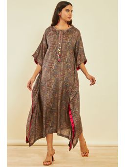 Soch - Womens Brown Cotton Foil Print Kaftan Dress