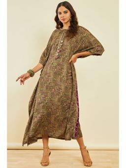 Soch - Womens Olive Cotton Foil Print Kaftan Dress
