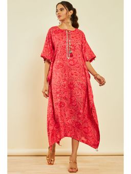 Soch - Womens Red Cotton Foil Print Kaftan Dress with Zardosi