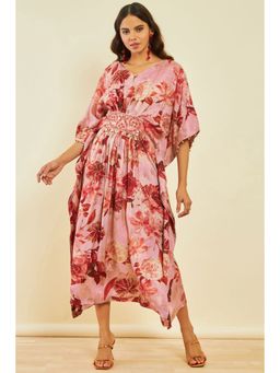 Soch - Womens Peach Cotton Foil Print Kaftan Dress with Beads And Stones