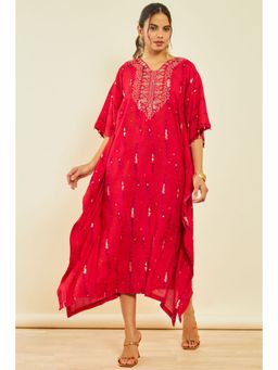 Soch - Womens Red Cotton Embroidered Kaftan Dress with Sequins