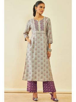 Soch - Womens Grey Cotton Floral Print Kurta and Pant with Faux Mirror (Set of 2)