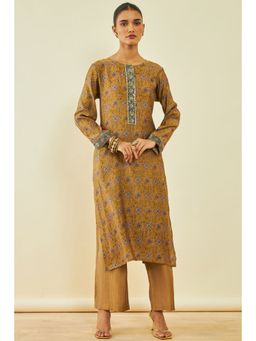 Soch - Womens Mustard Cotton Floral Print Kurta and Pant with Sequins (Set of 2)