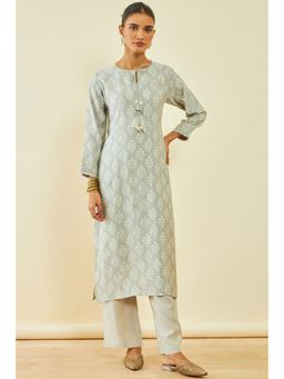 Soch - Womens Grey Cotton Floral Print Kurta and Pant with Tassels (Set of 2)