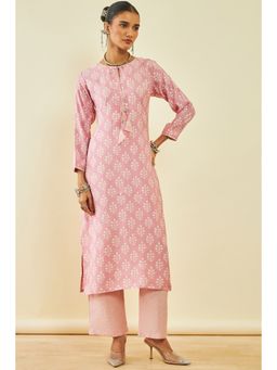 Soch - Womens Pink Cotton Floral Print Kurta and Pant with Tassels (Set of 2)