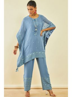 Soch - Womens Powder Blue Georgette Embroidered Kaftan Suit with Sequins (Set of 3)